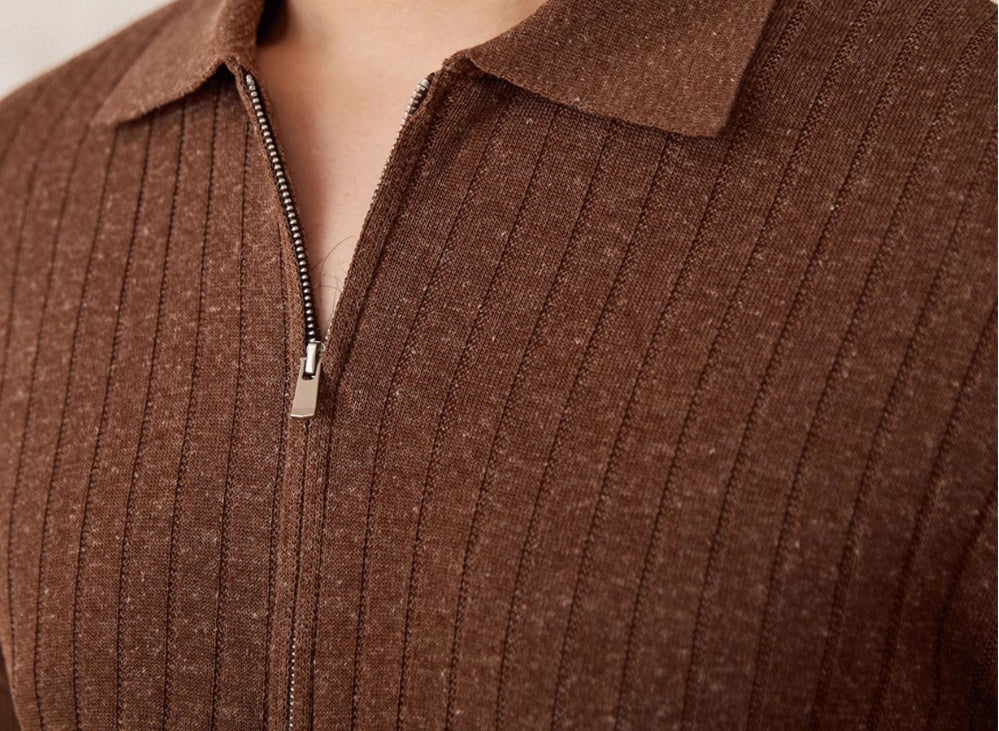 Linen Blend Lapel Zipper Sunken Stripe Short Sleeve