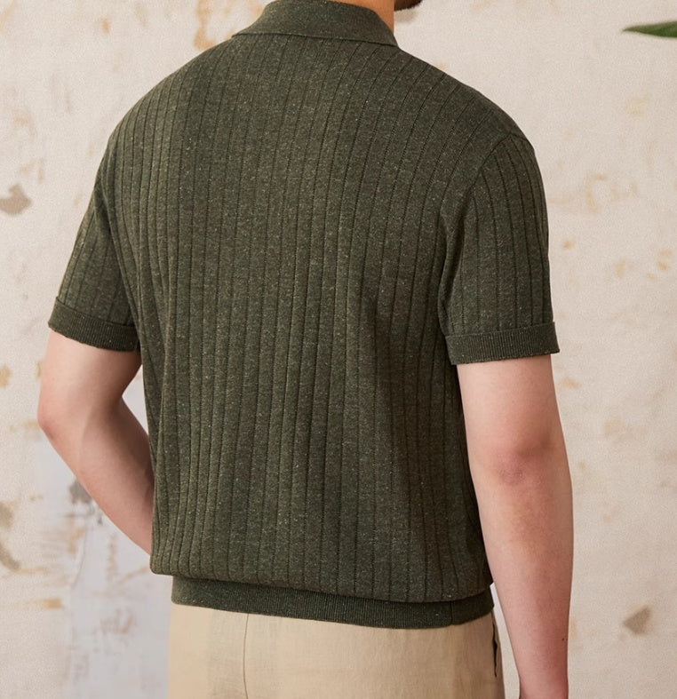 Linen Blend Lapel Zipper Sunken Stripe Short Sleeve