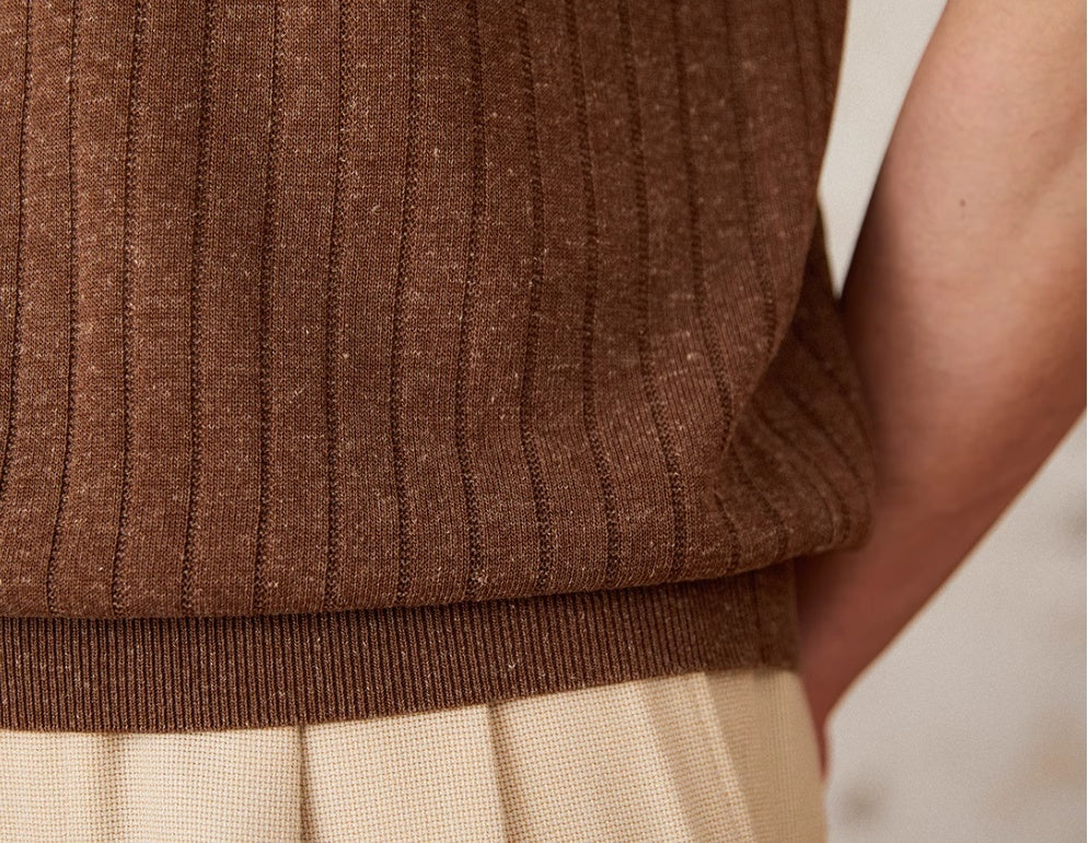 Linen Blend Lapel Zipper Sunken Stripe Short Sleeve